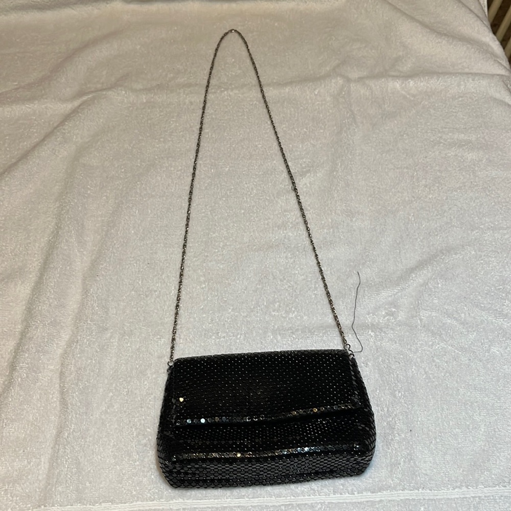 *Final Price* La Regale black sequined purse. 8 x 4 1/2 with long silver chain.